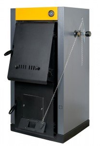 A residential furnace, burns firewood or coal and makes warm air