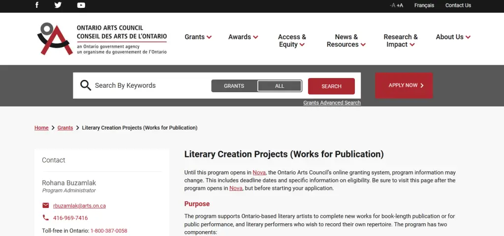 ONTARIO ARTS COUNCIL — LITERARY CREATION PROJECTS (WORKS FOR PUBLICATION)