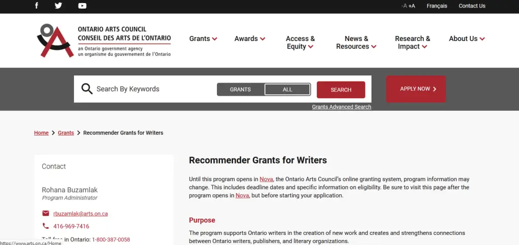 ONTARIO ARTS COUNCIL — “RECOMMENDER” GRANTS FOR WRITERS
