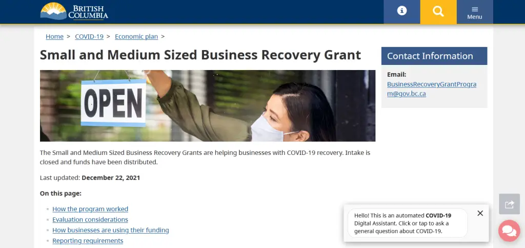 Small and Medium Sized Business Recovery Grant