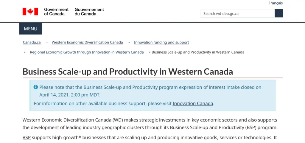 The Western Economic Diversification Canada (WD) Business Scale-up and Productivity