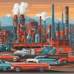 flat art, cars and factories making polution in Canada,